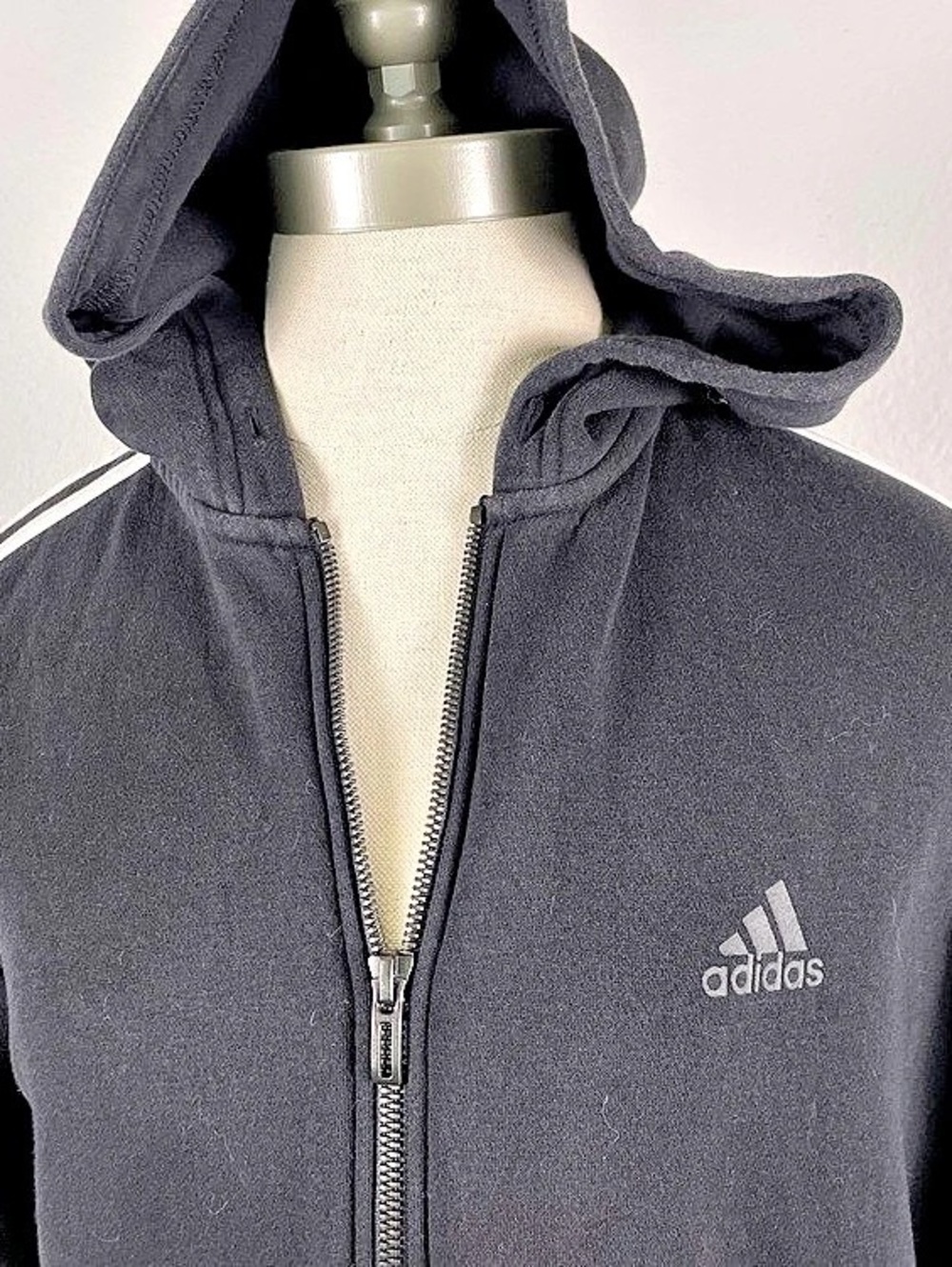 adidas Essentials Black & 3 White Stripe Full-Zip Fleece Hoodie Women's Medium - Picture 4 of 11